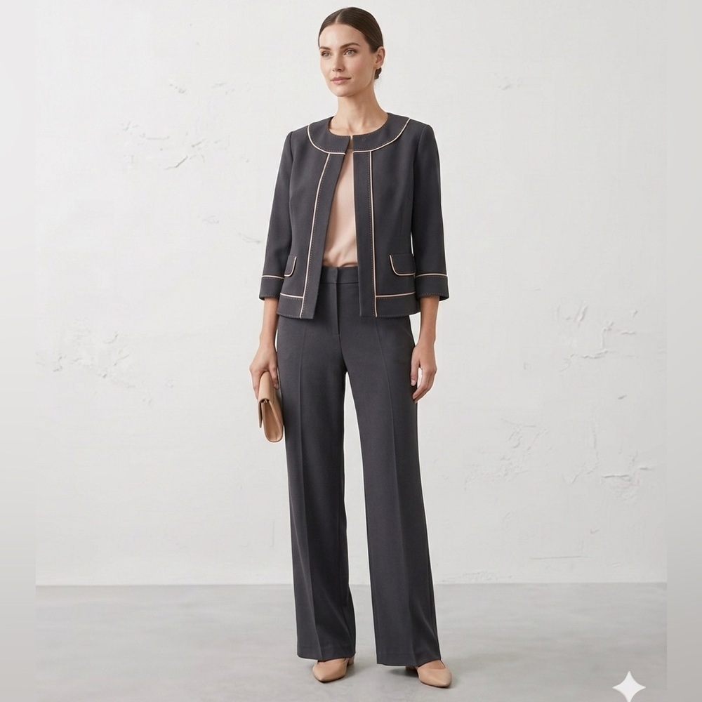 Anne Klein Structured 3/4 Sleeve Blazer inverted pleat jacket charcoal / Nude